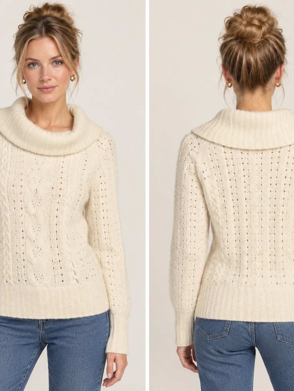 Vtg 90s Banana REPUBLIC Angora Wool Cable Sweater Long Sleeve Ivory Cowl Neck XS